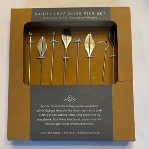 HANDCRAFTED Silver Leaf Design Olive Picks- stainless steel